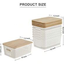 6-Piece Bamboo Covered Plastic Storage Basket, Large Capacity Storage Basket, Stackable Plastic Storage Container, Suitable For Home, Office, Game Room - Home Storage Box - 白色 - 查看 3