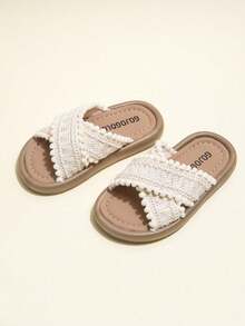 1 par de pantuflas beige de tamaño mediano a grande para niños, cómodas y suaves con estilo minimalista, adecuadas para uso interior y exterior, sandalias versátiles y lindas con correa trenzada y decoración de pompones para niñas - Beis - Ver 15