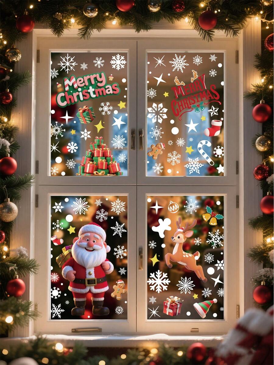 1 set autocolante de Crăciun pentru fereastră, autocolante detașabile statice pentru ferestre, decorațiuni de Crăciun pentru petreceri de sărbători în interior, decor pentru casă, decor pentru ferestre, decorațiuni de Crăciun, diverse stiluri