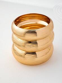 3 Pcs Gold Tone Oversized Wheels Design Chunky Metal Cuff Bangles Set Stacked Bracelets - Minimalist Bracelet Jewelry Suitable For Daily Wear , Dating , Party - Gold Stacking Bracelet Set - View 2