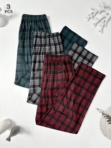 3pcs/Set Men's Plaid Print Straight Leg Casual Pants, Breathable Loose Fit Elastic Waist Pocket Pajama Pants, Multi-Color Autumn/Winter Set - Multicolor - View 2