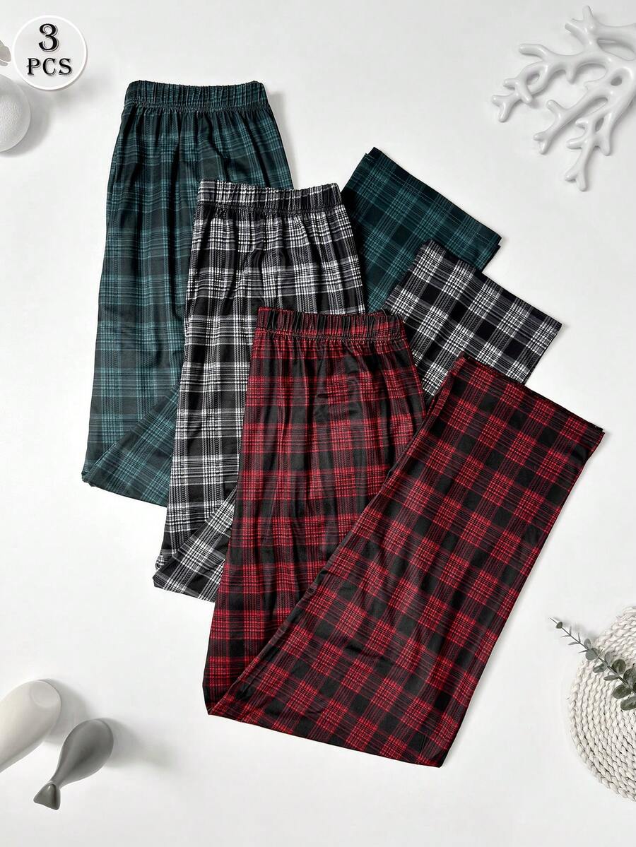 3pcs/Set Men's Plaid Print Straight Leg Casual Pants, Breathable Loose Fit Elastic Waist Pocket Pajama Pants, Multi-Color Autumn/Winter Set