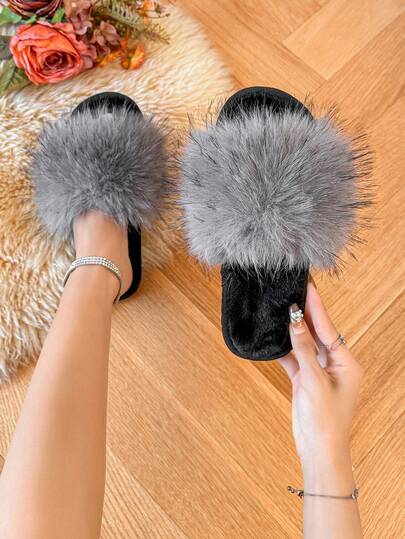 Damen Flauschige Kunstfell Riemen Hausschuhe, grau spitze Zehenpartie mit Plüschfutter, bequeme flache Schlafzimmer Hausschuhe, Herbst/Winter
