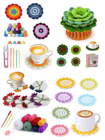 1 套绿色植物杯垫钩针套件、花朵和叶子钩针桌面装饰、手工钩针咖啡杯垫、DIY 针织套件（含基本配件和视频教程）（配件颜色随机）