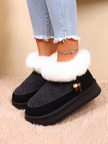 1 Pair Plus Size 36-42 Contrast Quilted Punk Preppy College Sports Avant-Garde Retro Cargo Style Faux Fur Lining Bowknot Faux Fur Edge Lace-Up Thick Sole Snow Boots, Suitable For Holiday, Outdoor, Winter