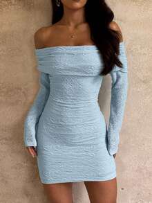 WOWDARK Women's Textured Off-Shoulder Long Sleeve Dress, Autumn