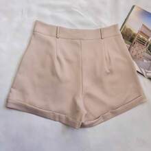 Women's Tailored Shorts With Buttons - Beige - View 2