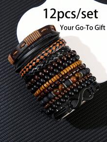 Set de 5 piezas/12 piezas de pulseras elásticas apilables con cuentas de cuero número 8 hechas a mano, estilo clásico, neutro, perfecto como regalo para el Día del Padre y la amistad, ideal para fiestas, música, festivales y estilo punk hip hop - Multicolor - Ver 6