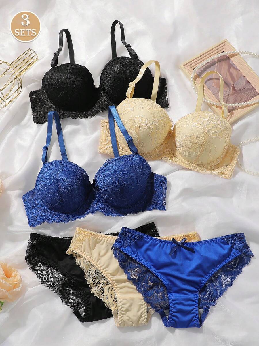 3套女士钢圈文胸刺绣图案浪漫蕾丝聚拢文胸套装 - 彩色 - 查看 1