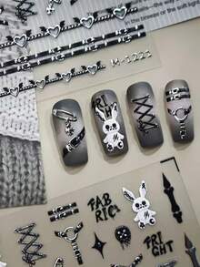1pc 3D Gothic Punk Nail Sticker, Self-Adhesive, Embossed Rabbit & Strap Details, Create Avant-Garde Nails, Suitable For Women & Girls DIY Decoration, Ideal For Gothic Fashion & Home Manicure DIY Nail Stickers - Black - View 4
