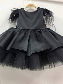 Baby Girl Feather Cuff Princess Dress, Flower Girl Dress For Wedding, Summer - Black - View 2