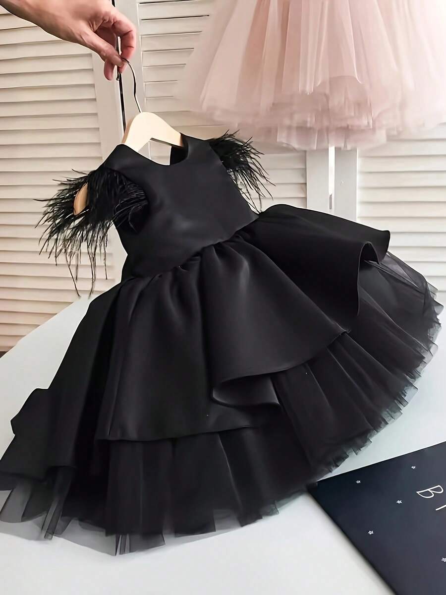 Baby Girl Feather Cuff Princess Dress, Flower Girl Dress For Wedding, Summer - Black - View 1