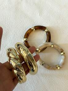 4pcs Vintage Minimalist Elegant Resin Acrylic Brown Elastic Bracelet & Bangle Set, Gold Stripe Smooth Open Cuff, Suitable For Women Everyday Wear, Holiday Gift, Stackable, 2025 New Arrival - Gold - View 6