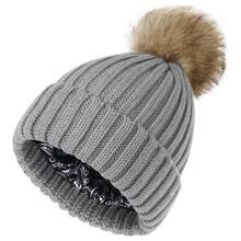 Women Winter Beanie Hat Satin Lined Faux Fur Pom Pom Beanies Hat For Women Winter Warm Knit Hats - A - View 23