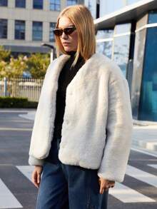 Plus Size Women Front Open Faux Fur Collar Long Sleeve Jacket, Business Commute Coat For Winter