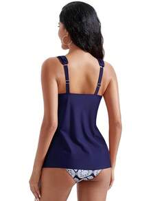 High Waisted Ruffle Tankini Swimsuit Plus Size Tummy Control - Navy Blue - View 10