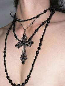 1pc Punk Layered Metal Cross Chain Necklace, Fashion Jewelry Gift For Women, Party Accessory - Black - View 8