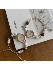 1 Piece Women's Beaded Strap Small Dial Simple Ins Niche High-value Simple Quartz Watch Suitable For Students and Lady to Wear Daily - 白色 - 查看 1