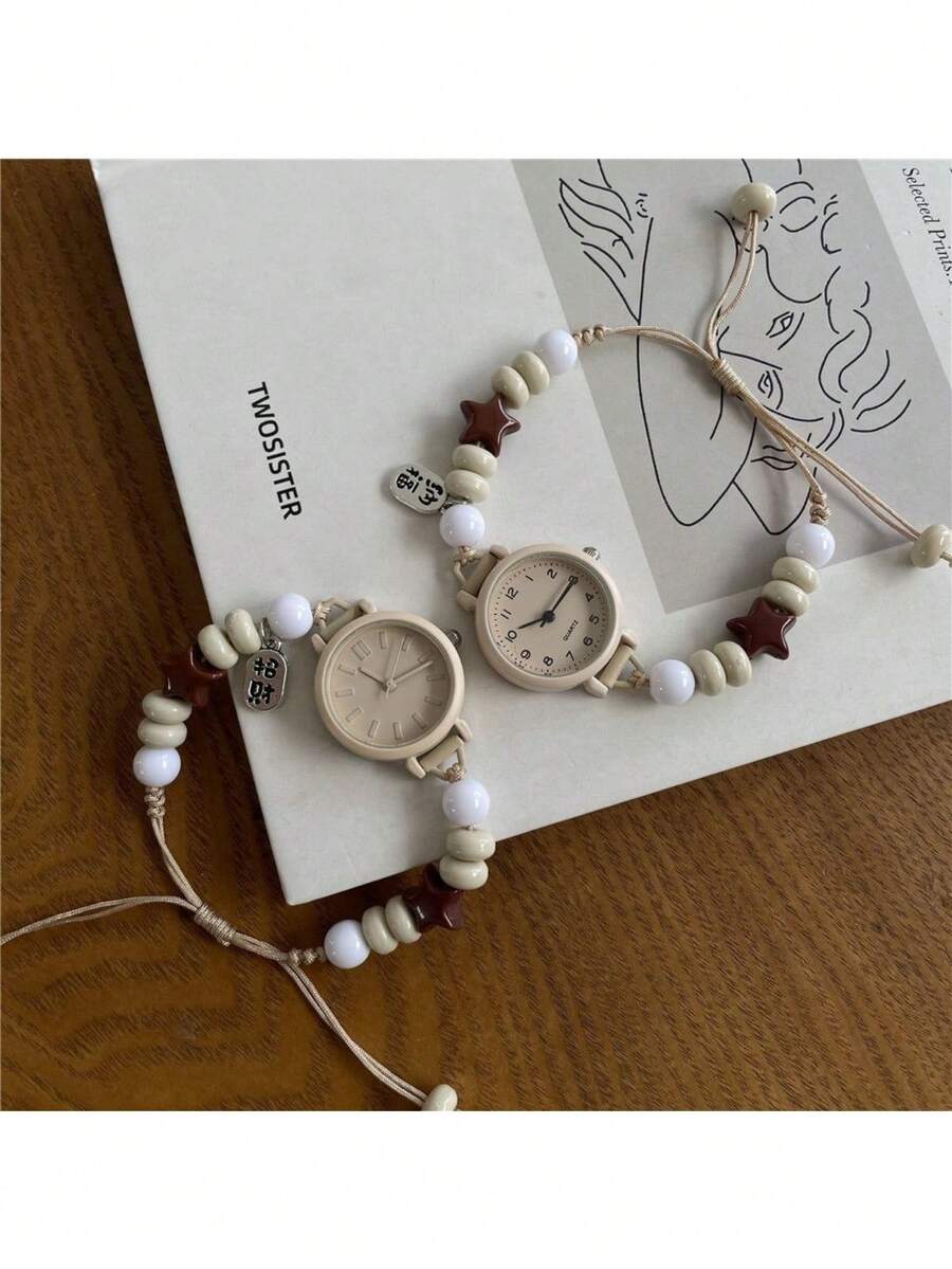 1 Piece Women's Beaded Strap Small Dial Simple Ins Niche High-value Simple Quartz Watch Suitable For Students and Lady to Wear Daily - 白色 - 查看 1