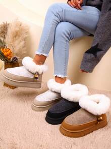 1 Pair Plus Size 36-42 Contrast Quilted Punk Preppy College Sports Avant-Garde Retro Cargo Style Faux Fur Lining Bowknot Faux Fur Edge Lace-Up Thick Sole Snow Boots, Suitable For Holiday, Outdoor, Winter