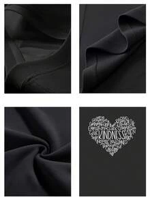Camiseta Tops casuales de mujer con estampado corazón de palabras 220 g de algodón puro grueso y cómodo - Negro - Ver 4