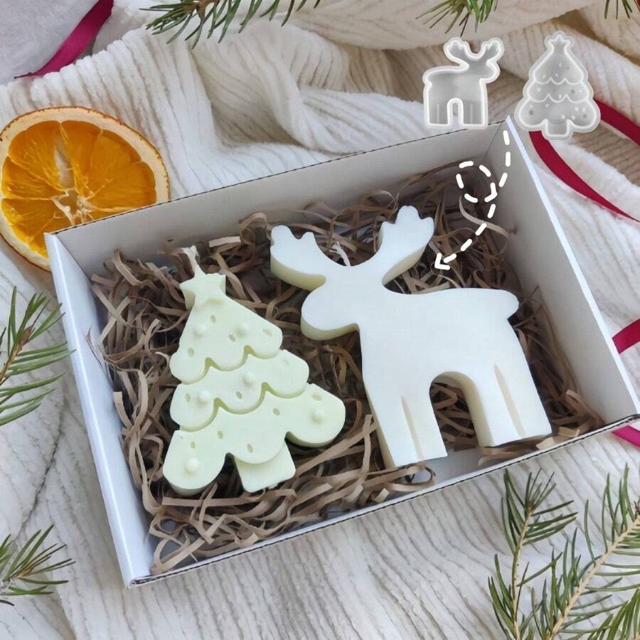 2 pièces Moule de bougie en forme d'arbre de Noël et de renne, fournitures artisanales pour la fabrication de bougies, moules de décoration pour la maison pour la cire, la résine, le plâtre, le silicone