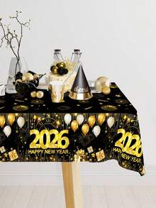 1 件，2026 年新年快乐塑料桌布，黑金色新年烟花时钟和礼物设计一次性桌布，适用于室内/室外派对，新年快乐派对装饰，适用于家庭厨房餐桌布，新年庆祝活动，2025 年圣诞节装饰，节日餐桌装饰 - 彩色 - 查看 2