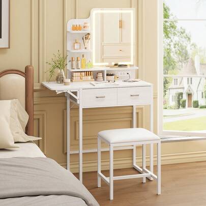 Tomnk Small Kids Vanity Desk Set With LED Lighted Mirror (USB Powered), 2 Storage Drawers + Open Toy Organizer, Soft Padding Stool & Power Outlet, Princess Dress Up Table, Birthday Christmas Gift For Toddlers Girls, White Childrens Bedroom Furniture