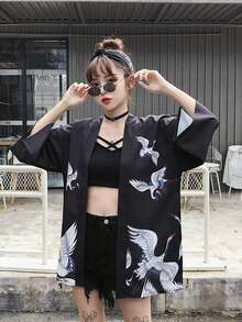 中国风复古新款仙鹤印花改良汉服开衫外套，夏季和服浴衣羽织轻薄外套 - 黑色 - 查看 2