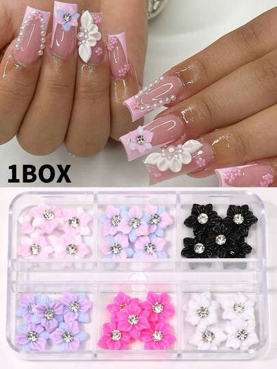 1 Box 30pcs Flower Nail Art Decorations - 6 Colors 3D Resin Flower Petals With Rhinestones, For Nail Design, Colorful Flower Nail Art Accessories