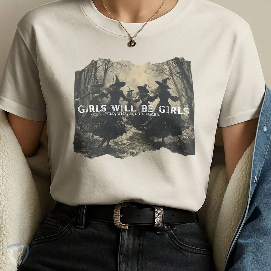 Girls Will Be Girls Printed Women's T-Shirt | Witches In The Forest Art - 香檳色 - 查看 1