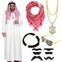 Conjunto de disfraz árabe para hombres - 10 piezas Set de accesorios de disfraz árabe que incluye 1 pañuelo de cabeza tipo keffiyeh, 1 diadema negra árabe, 1 gafas, 1 collar dorado, 6 barbas negras para disfraces de hombres, para fiestas, cosplay, carnavales y vestimenta Dubai