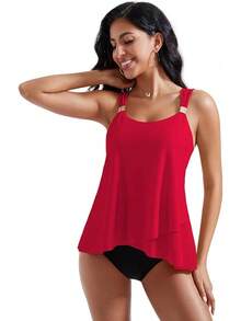 High Waisted Ruffle Tankini Swimsuit Plus Size Tummy Control - Red - View 9