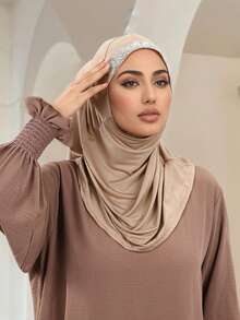 قطعة واحدة غطاء رأس نسائي أحادي اللون، وشاح رأس قابل للطي مريح من البوليستر، وشاح رأس عملي، توبون، خمار طويل فوري، مناسب للارتداء اليومي في جميع الفصول - وشاح رأس مطوي مرصع بأحجار الراين المتلألئة - مشاهدة 11