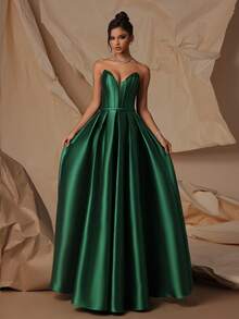 VIPGIRL 女士优雅绿色露肩 A 字形缎面礼服，正式长款舞会晚礼服 - 綠色 - 查看 5