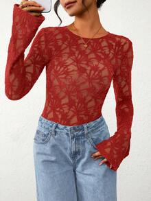 Womens Lace Long Bell Sleeve Tops Fall Sexy See Through Sheer Floral Blouse Shirt Fitted Going Out Outfits - Đỏ - Xem 5