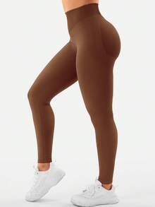 Yefecy 女士高腰塑身紧身裤 - 无缝提臀高弹纯色瑜伽裤跑步紧身裤 - 棕色 - 查看 7
