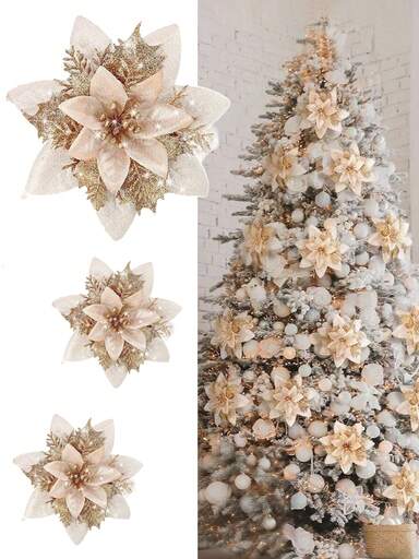10 pezzi - Fiori di Poinsettia color oro champagne, fiori natalizi glitterati, fiori luminosi artificiali, ottimi per decorare alberi di Natale e ghirlande, decorazioni per feste di nozze, feste natalizie, celebrazioni domestiche, Natale, ornamenti per albero di Natale con fiori natalizi artificiali glitterati, decorazioni natalizie per la casa, regali di Capodanno