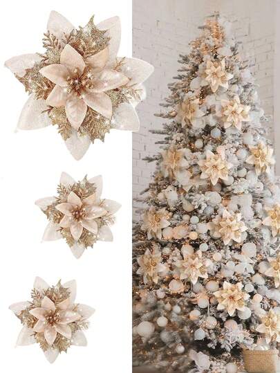 10pcs-Champagne Gold Poinsettia Flowers With Clips, Christmas Glitter Flower,Artificial Luminous Flowers, Great For Christmas Tree & Wreath Decor, Tree Decor, Wedding,Holiday Party Decorations, Home Celebration,Christmas Holidays,Glitter Artificial Christmas Flowers Xmas Tree Ornaments Merry Christmas Decorations For Home New Year Gifts Christmas