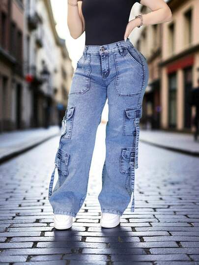 Pantalon jeans de mezclilla estilo corte ancho cargo cuatro bolsas con cordon stretch para dama mujer push up cintura alta urbano