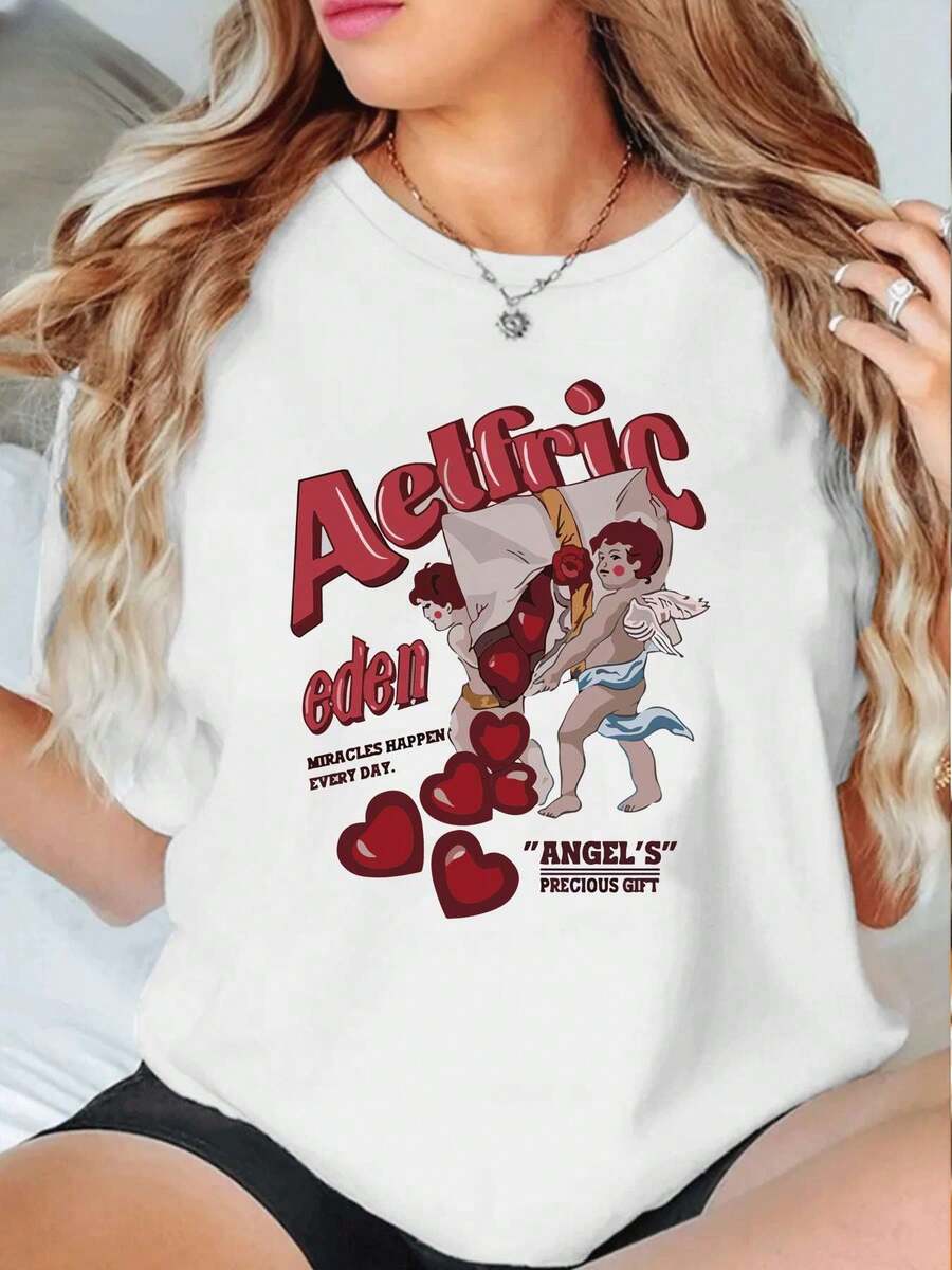 Camiseta con gráfico de corazón de San Valentín ,Camiseta informal de algodón de verano para mujer, manga corta, cuello redondo, 220 g/m2 (1 pieza) - Blanco - Ver 1