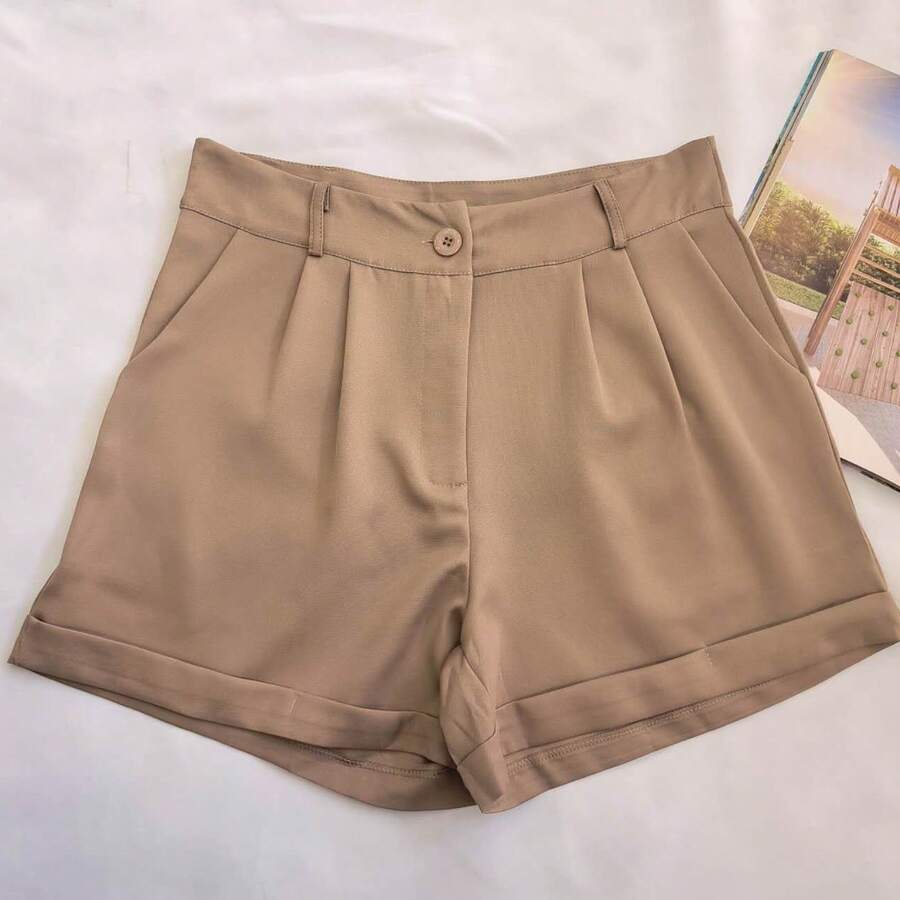Women's Tailored Shorts With Buttons - Camel - View 1