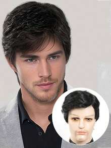 Modische kurze geschichtete strukturierte Herrenperücke mit Pony, natürliches Schwarz, geeignet für täglichen Halloweenkostümgebrauch