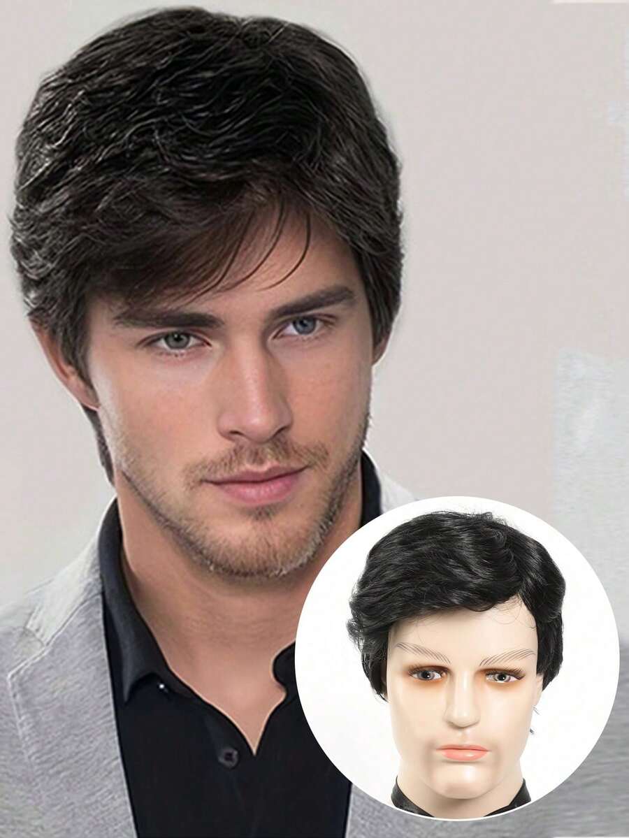 Modische kurze geschichtete strukturierte Herrenperücke mit Pony, natürliches Schwarz, geeignet für täglichen Halloweenkostümgebrauch