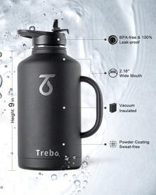Water Bottle Insulated With Handle, Half Gallon Stainless Steel Metal Large Water Jug, Travel Flask With Straw Spout Lid, Wide Mouth Mug With Carry Pouch, Keep Cold - 黑色 - 查看 6