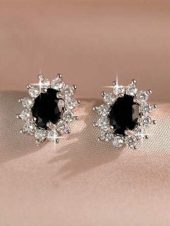 1 Pair Versatile Round Flowers Black Earrings Dating Engagement Wedding Anniversary For Women Girl Elegant Copper Earring Cubic Zirconia Gift