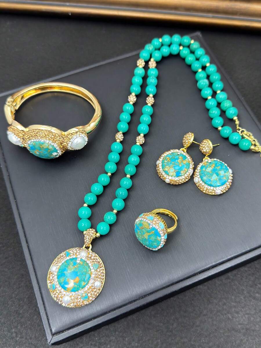 4 قطع طقم قلادة عتيقة من الفيروز مع تطعيم اللؤلؤ الطبيعي، مصنوعة يدويًا من الكريستال التشيكي