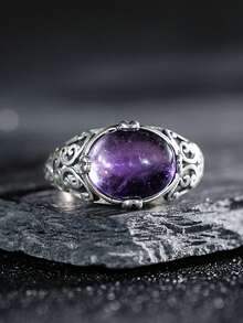 1pc 10*12mm Natural Amethyst Ring 925 Sterling Silver Vintage Gorgerous Gems Men Women's Ring Adjustable Open Bands Jewelry Birthstone Gift