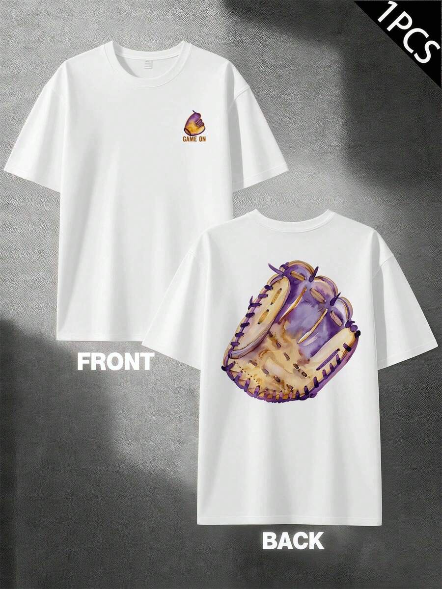 Maglietta da uomo con guanto da baseball, stampa bifacciale, girocollo casual alla moda, puro cotone 220 g/m² (1 pezzo)