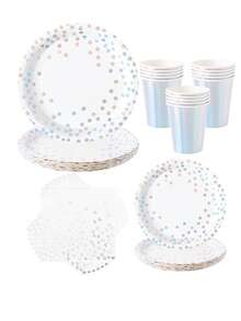 White & Silver Polka Dot Petal Shaped Disposable Plates, Napkins, Cups Set, Black Plates, Napkins And Cups Party Supplies, Fits 10 Guests, Disposable Paper Plates Party Tableware Suitable For Birthday, Wedding, Party, Family Picnic
